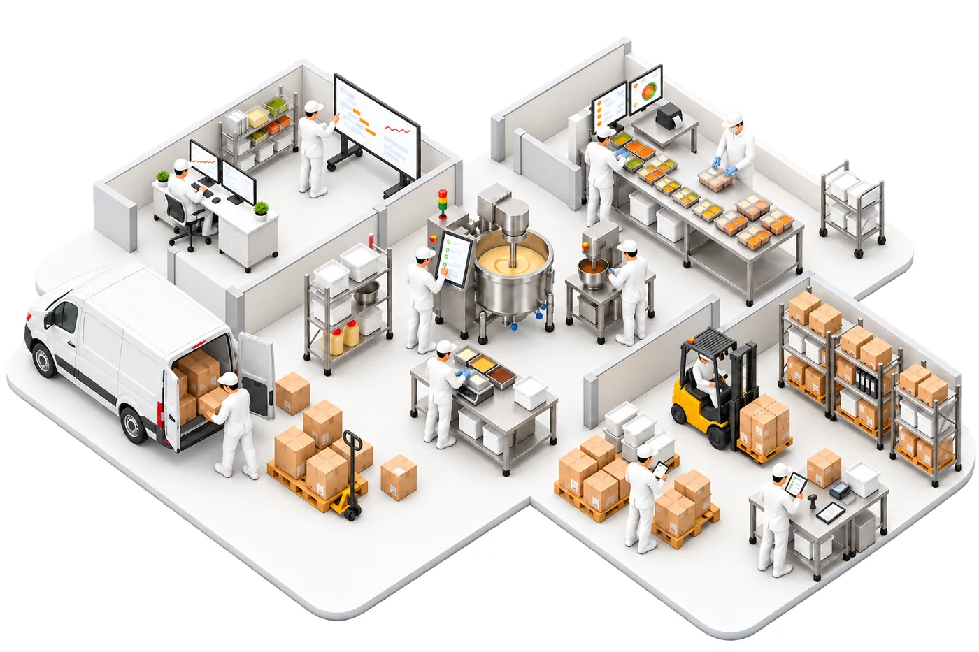 Isometric view of a connected foodservice production operation