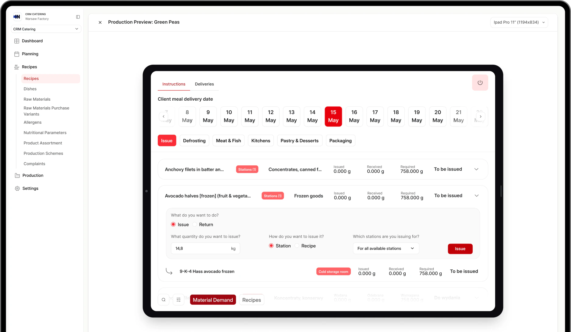 INVO ERP — Meal Production MES dashboard